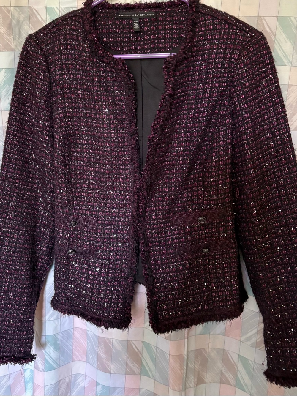 White House Black Market Plum Tweed Fringe-Trim Blazer